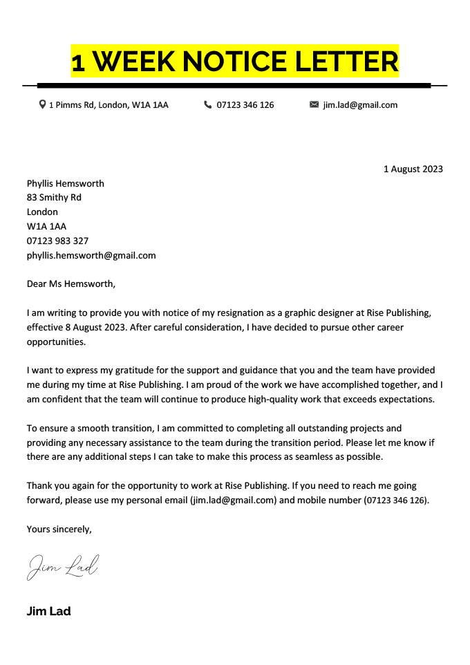1 week notice of resignation