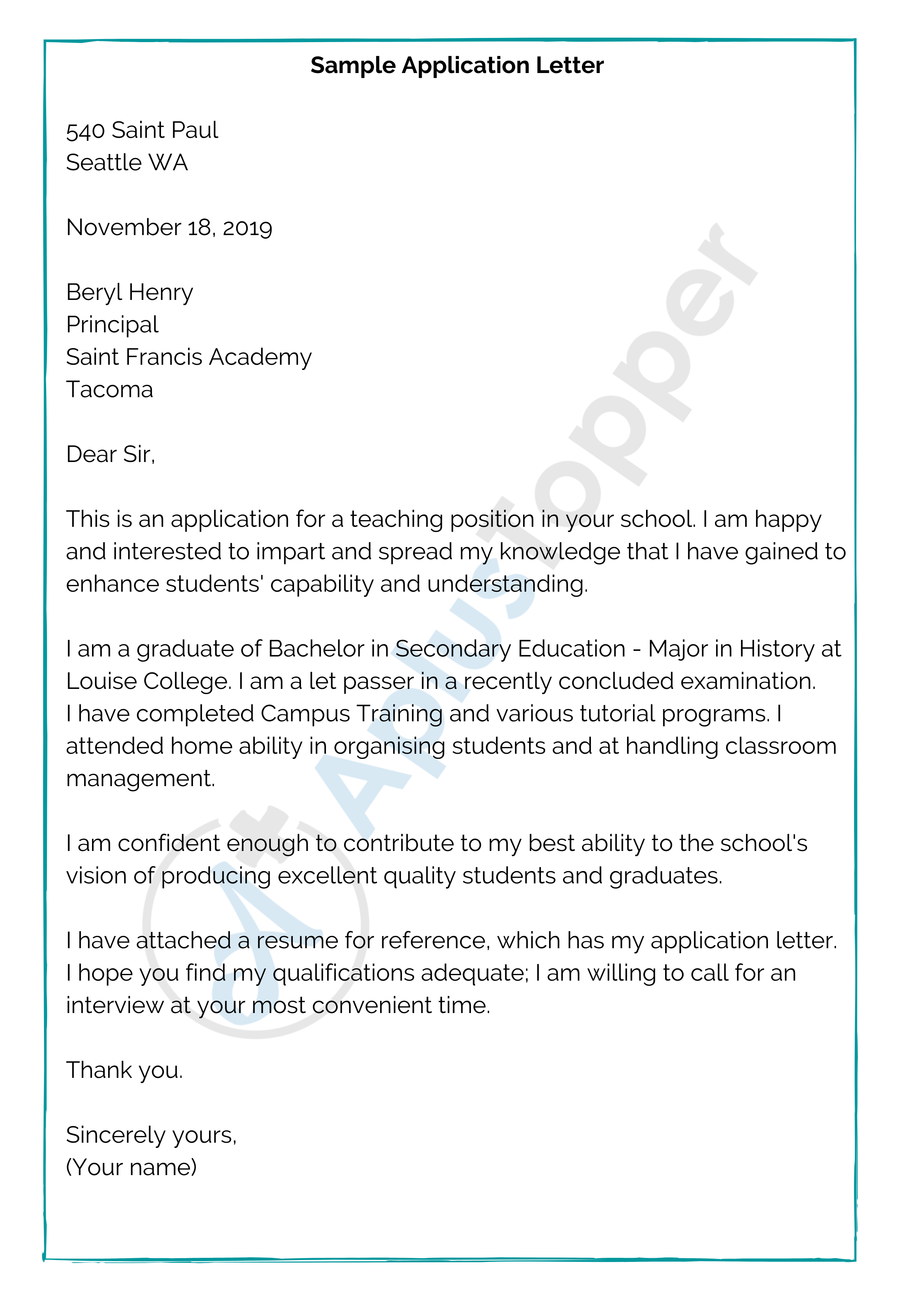 application letter example for students