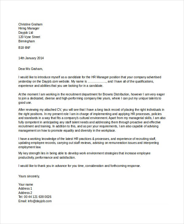 application letter for hr manager