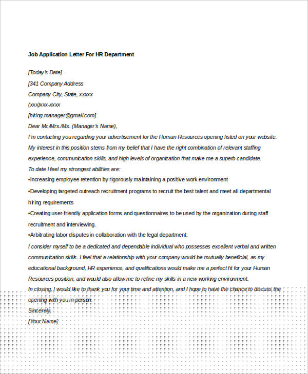 application letter for hr position
