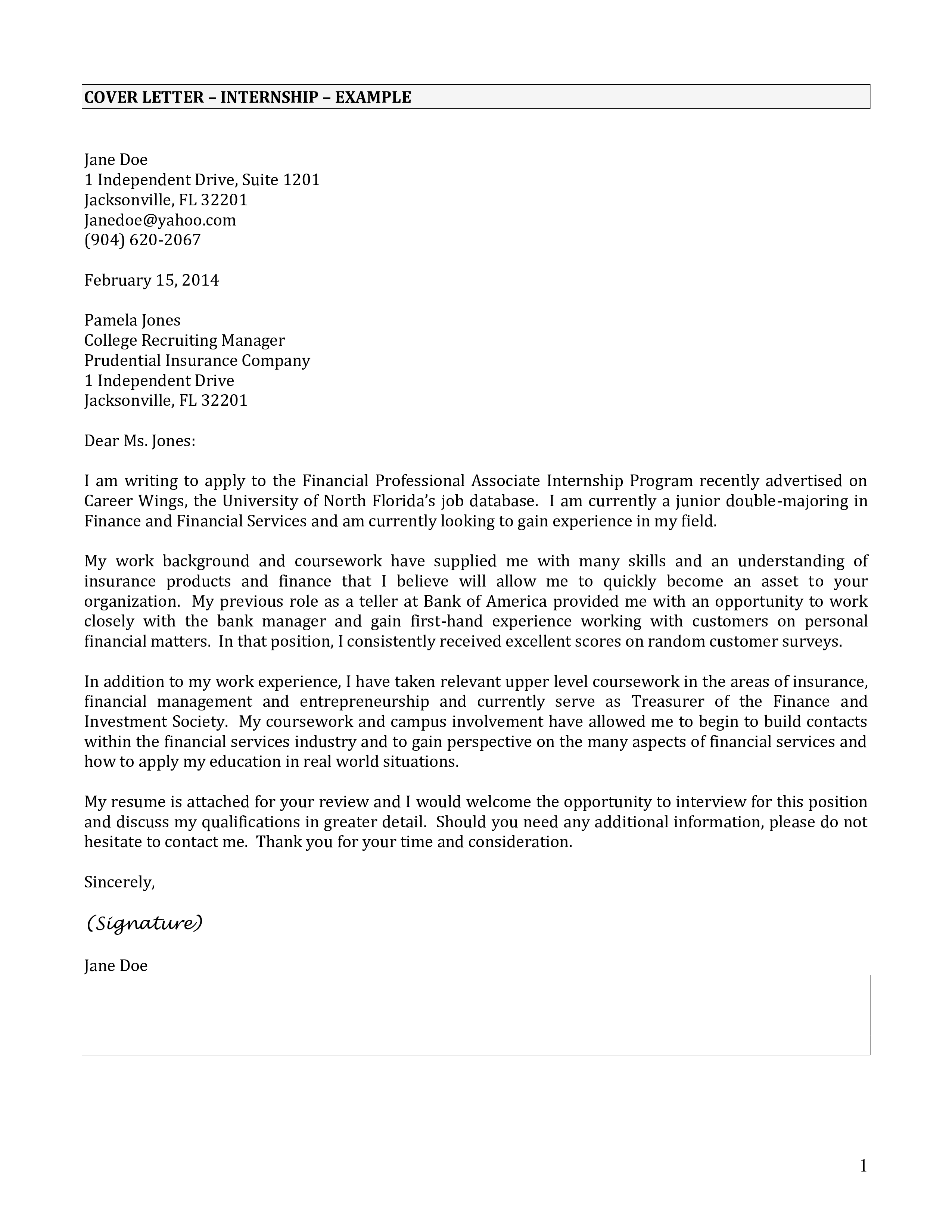 application letter for internship in finance