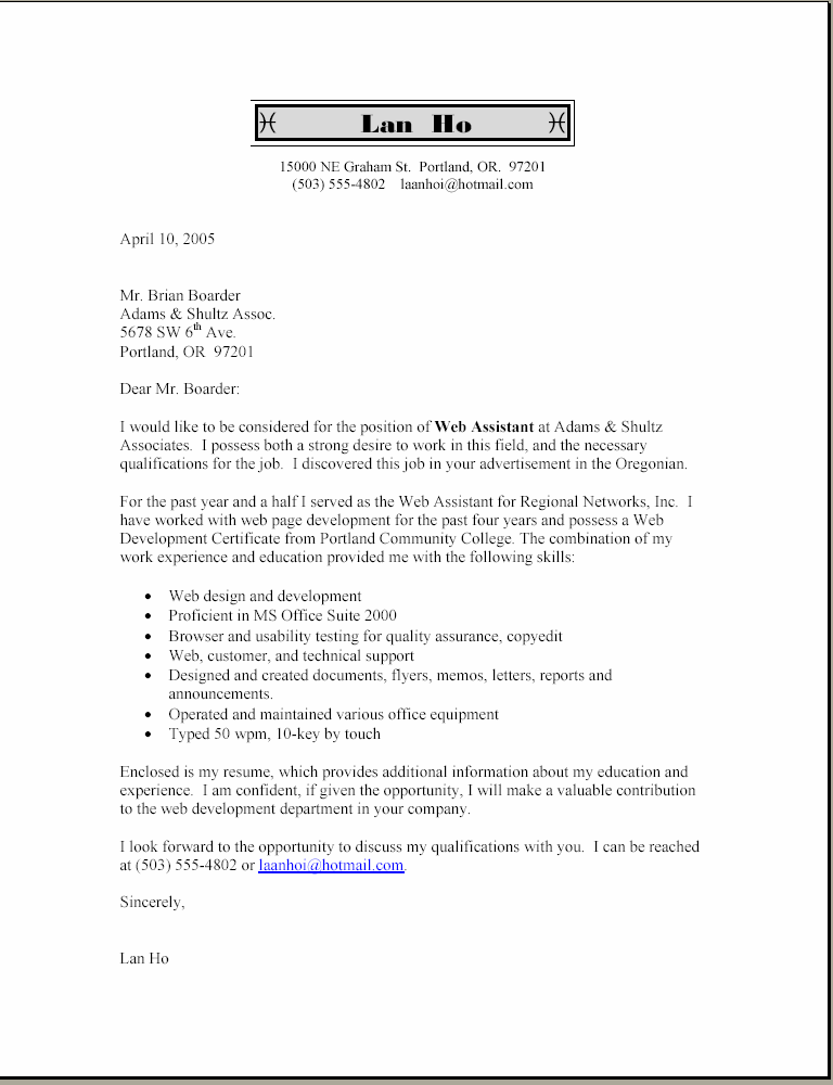 bullet point cover letter example