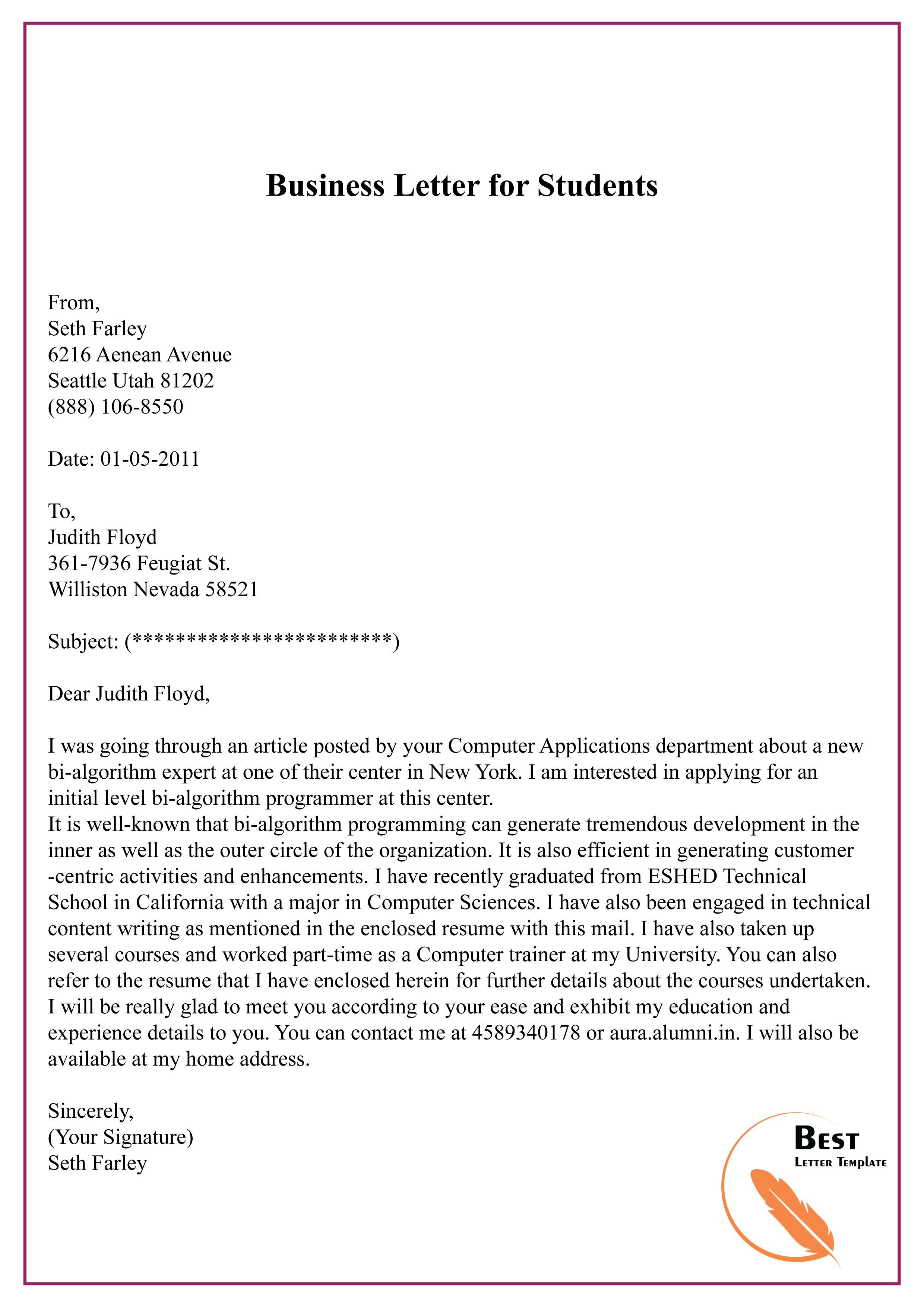 business letter example for students