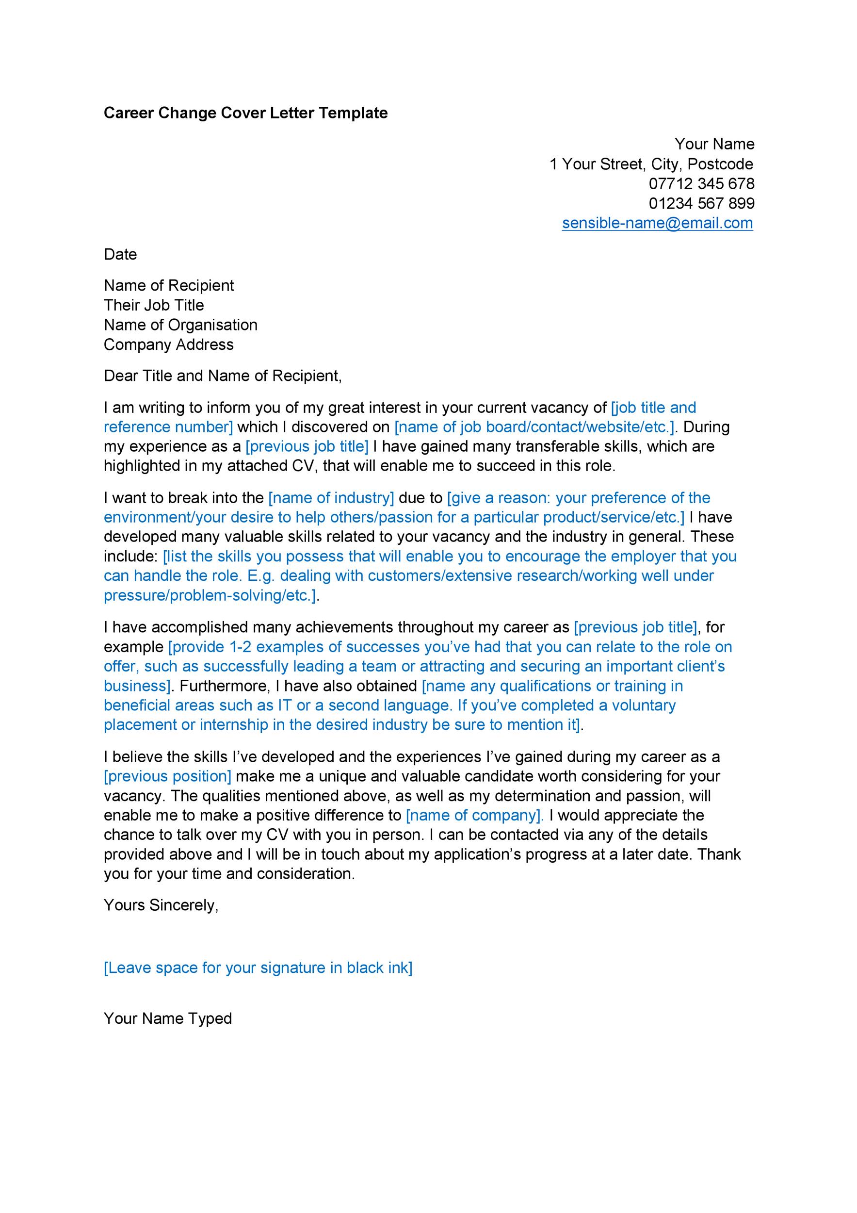 career change cover letter format