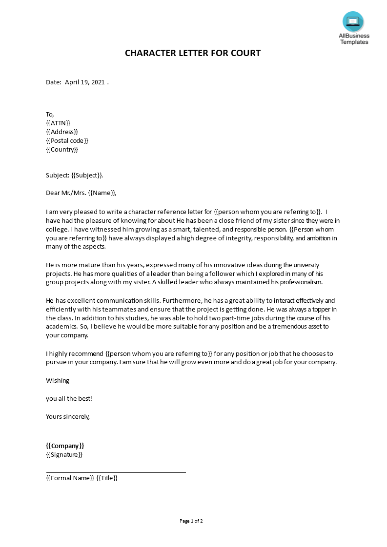 character letter for court example