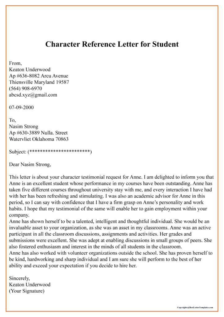character recommendation letter for student
