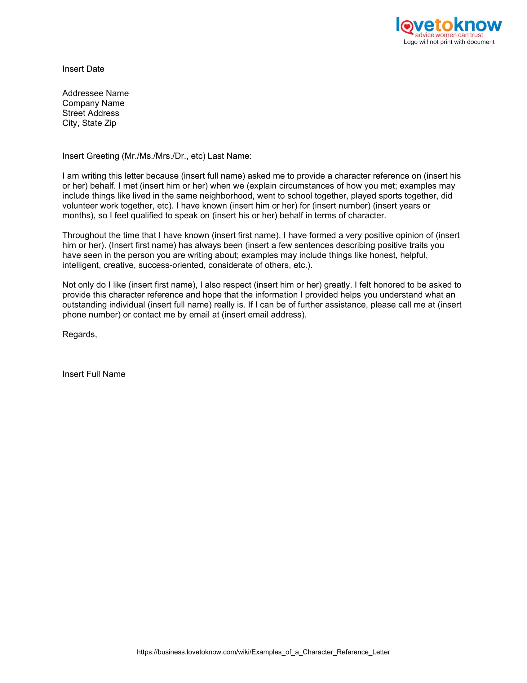 character reference letter format sample