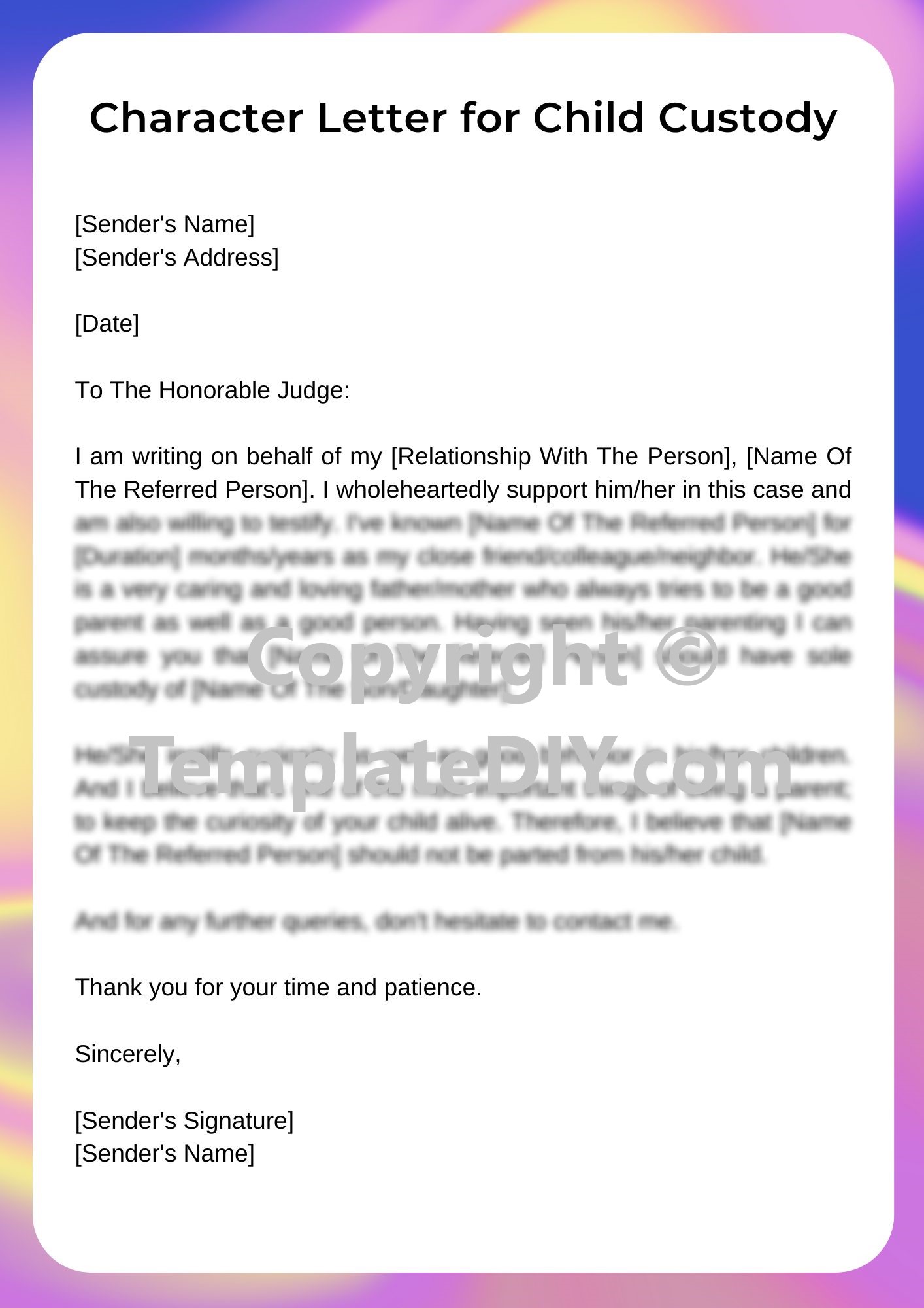 child custody character letter for a good mother sample pdf