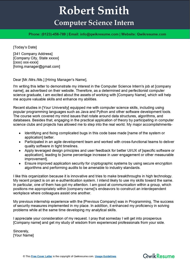 computer science internship cover letter
