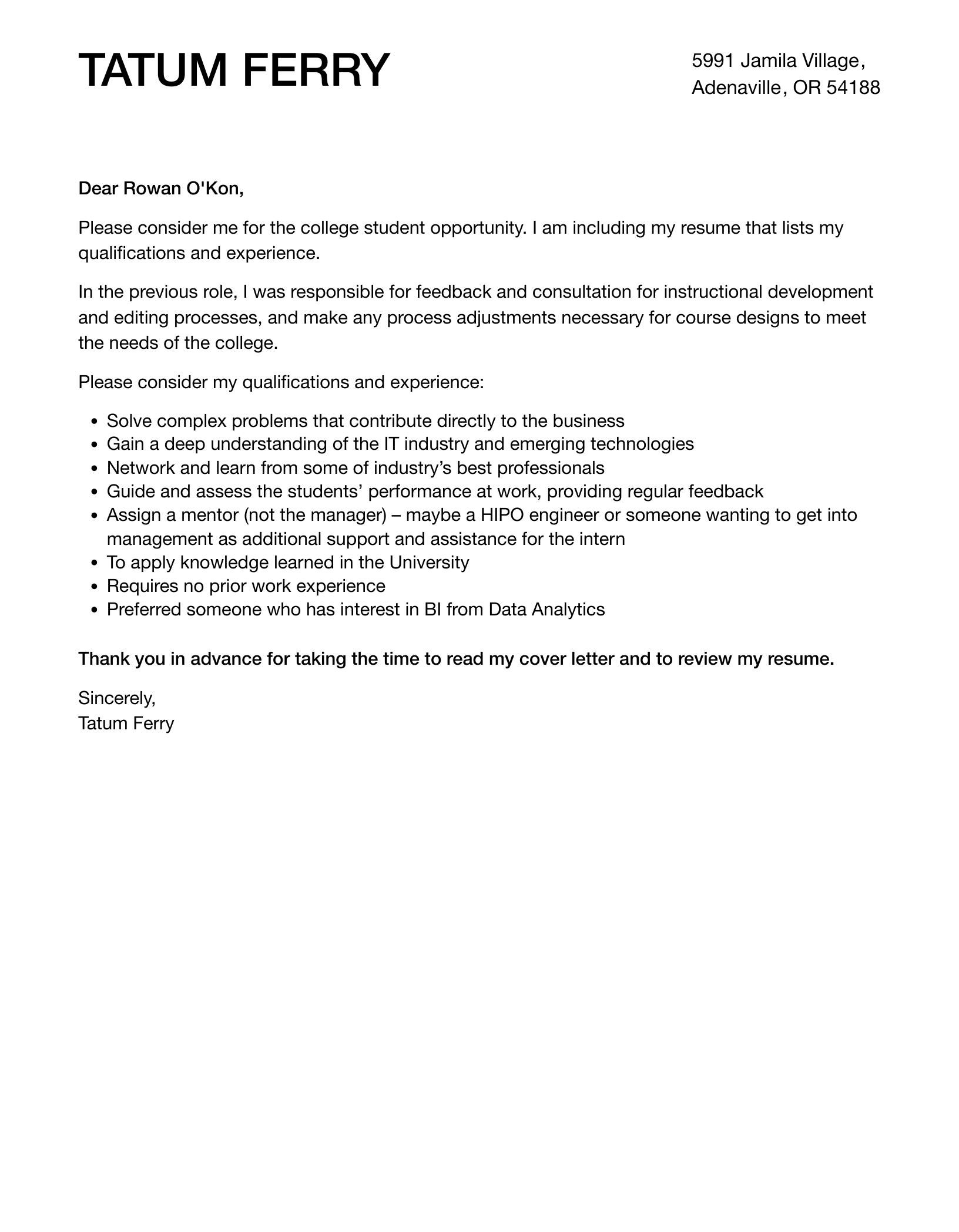 cover letter examples for college students