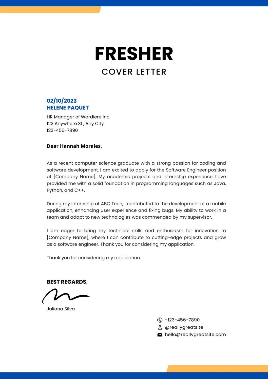 cover letter examples for freshers