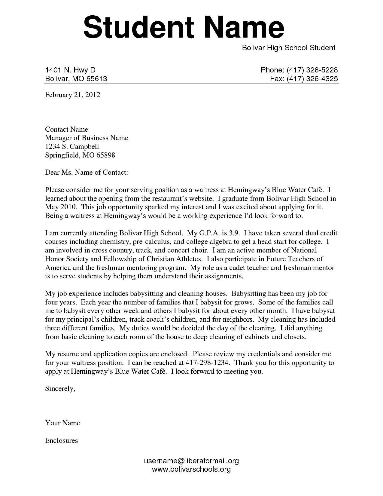 cover letter examples for high school students