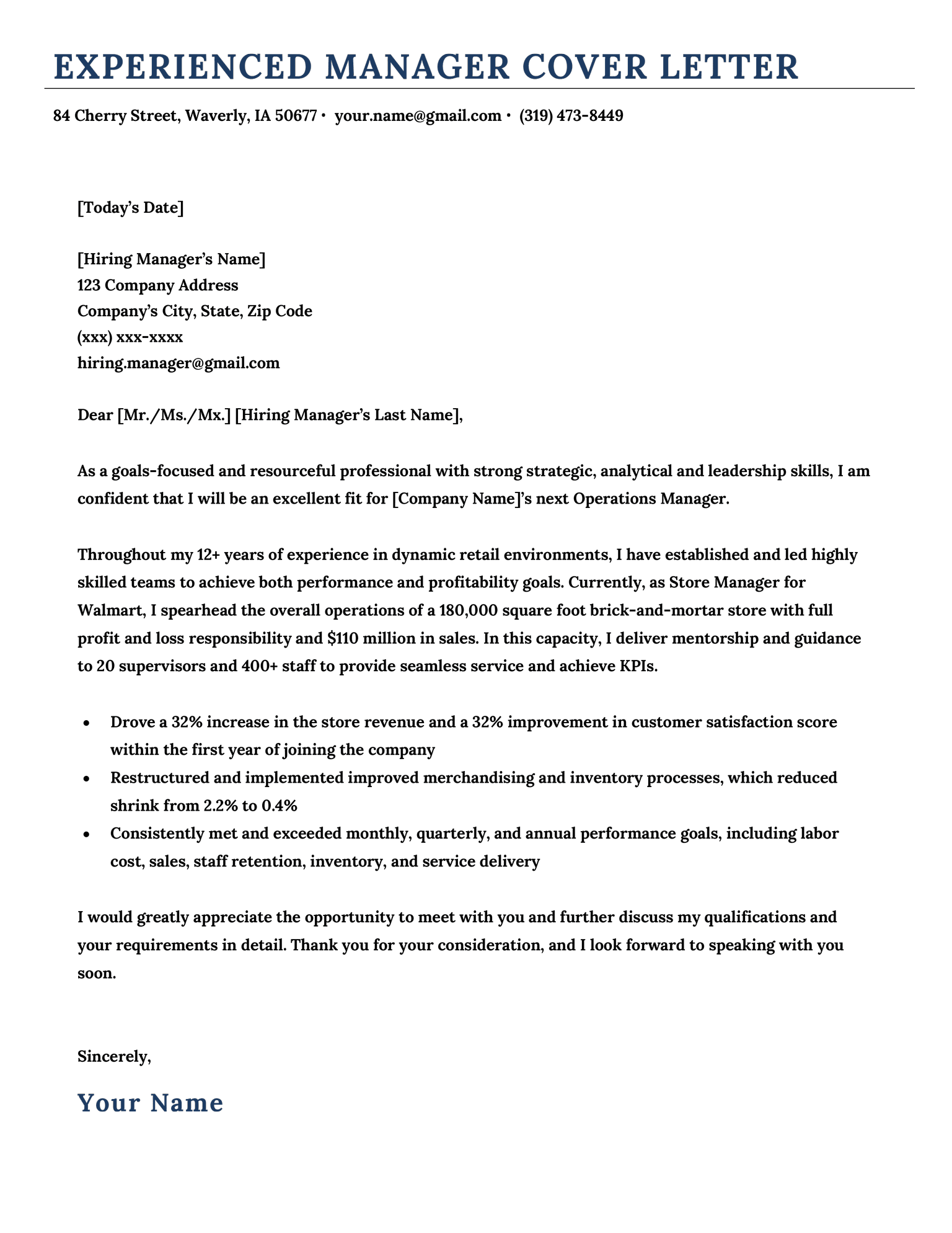 cover letter examples for manager position
