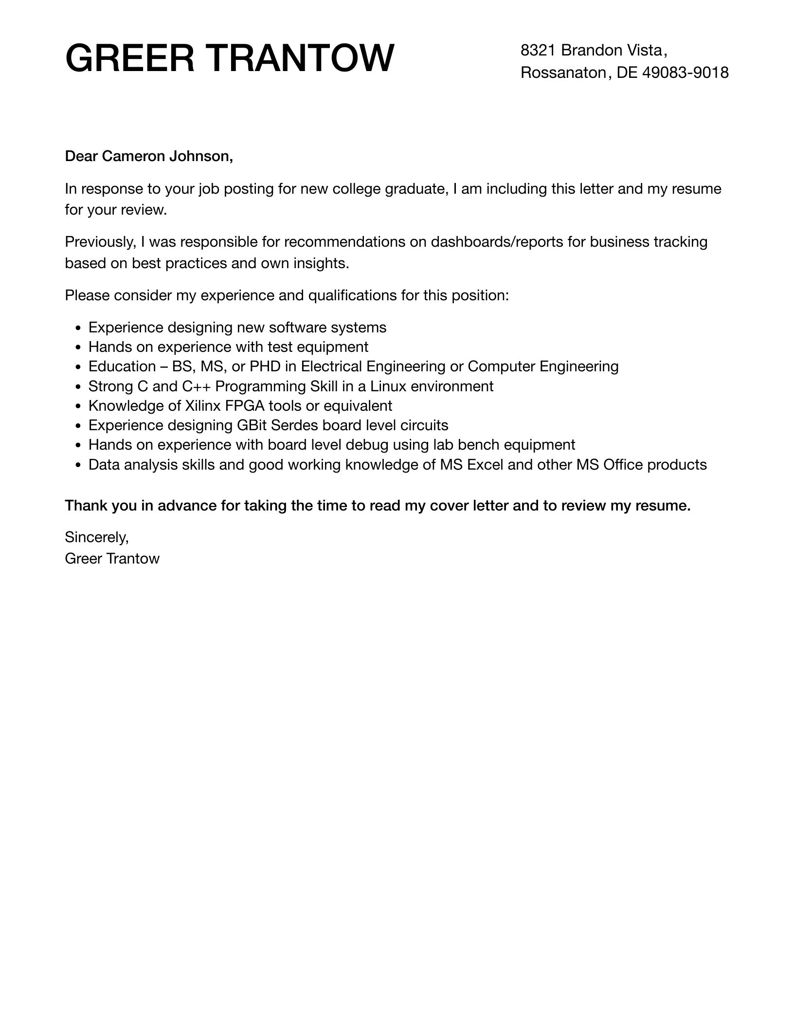 cover letter examples for new graduates