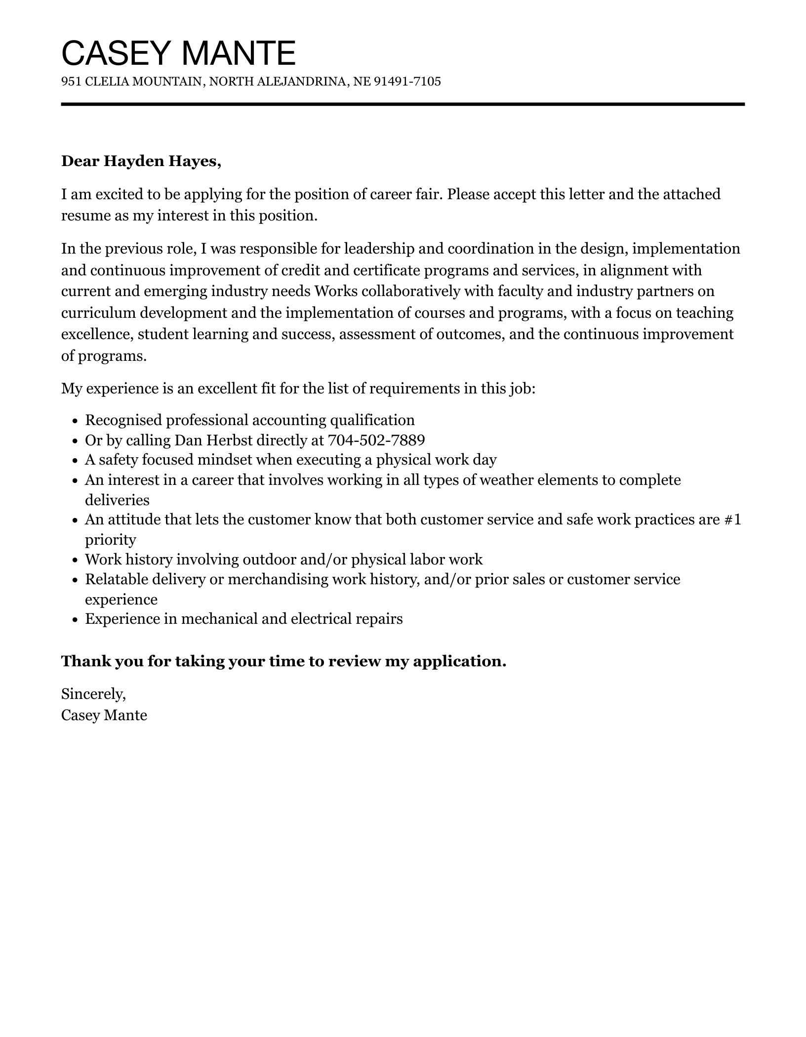 cover letter for a career fair