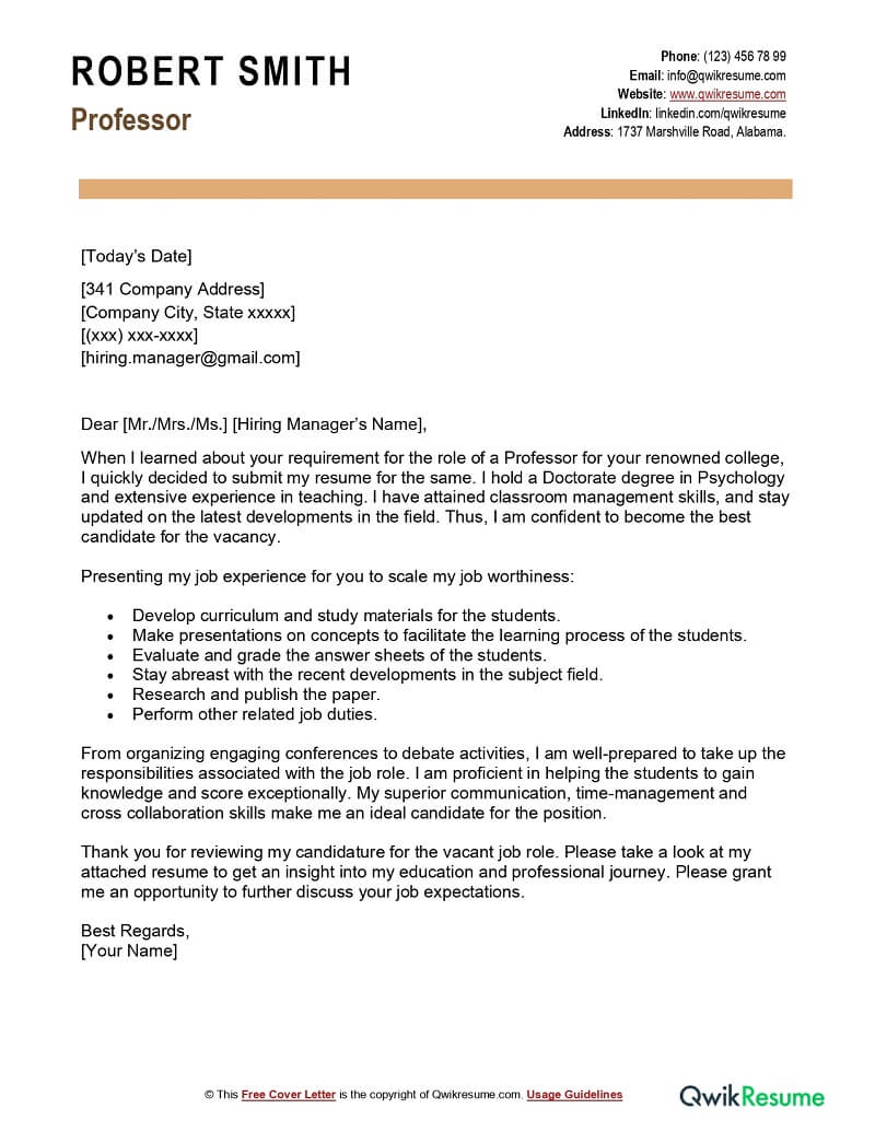 cover letter for a professor position