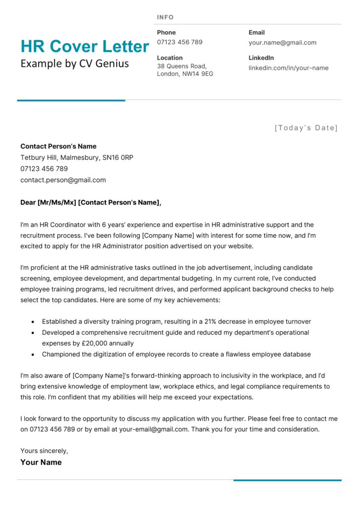 cover letter for hr role