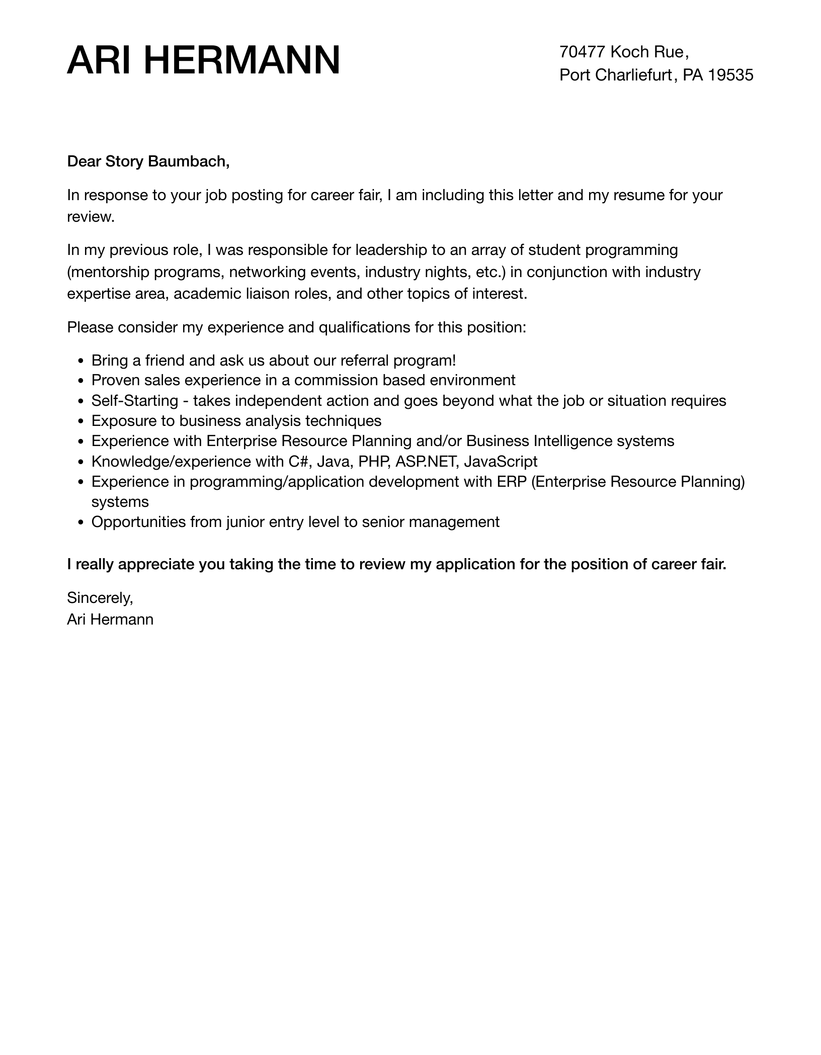cover letter for job fair