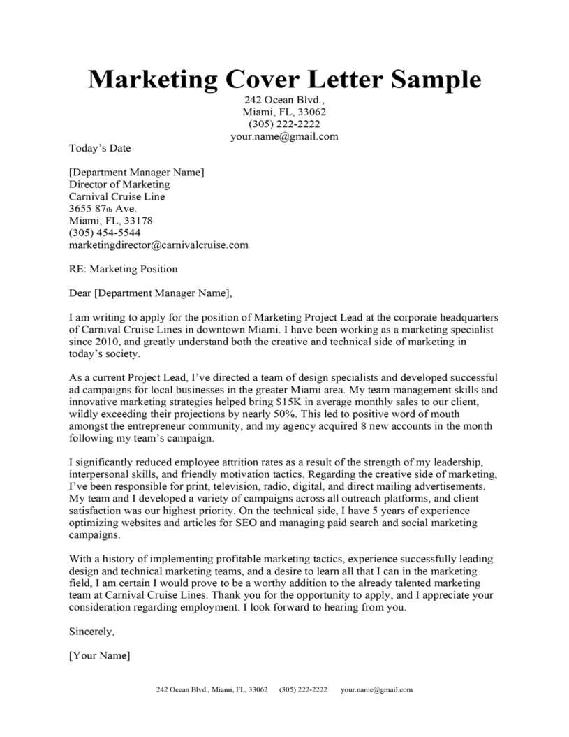 cover letter for marketing job