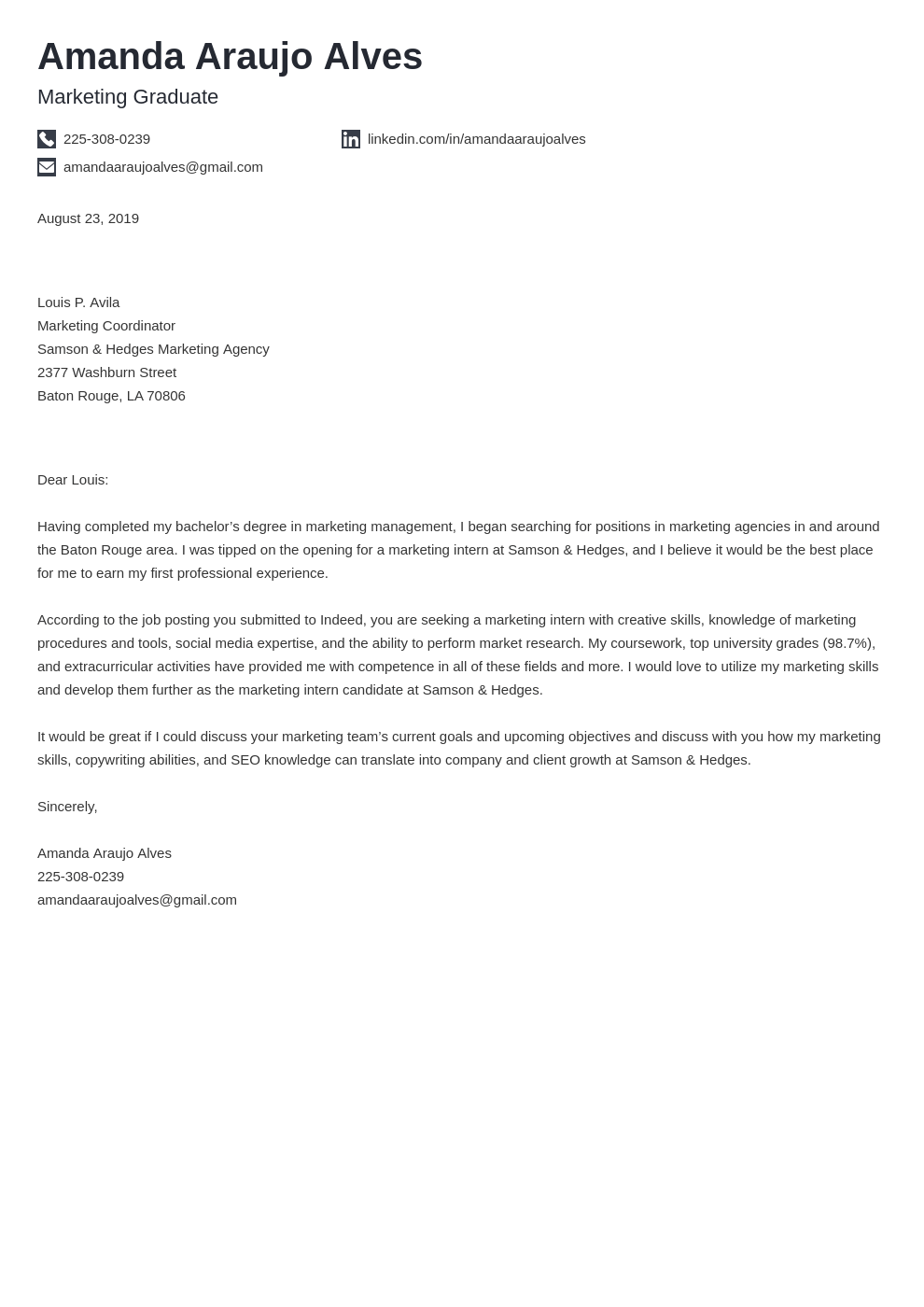 cover letter for marketing position