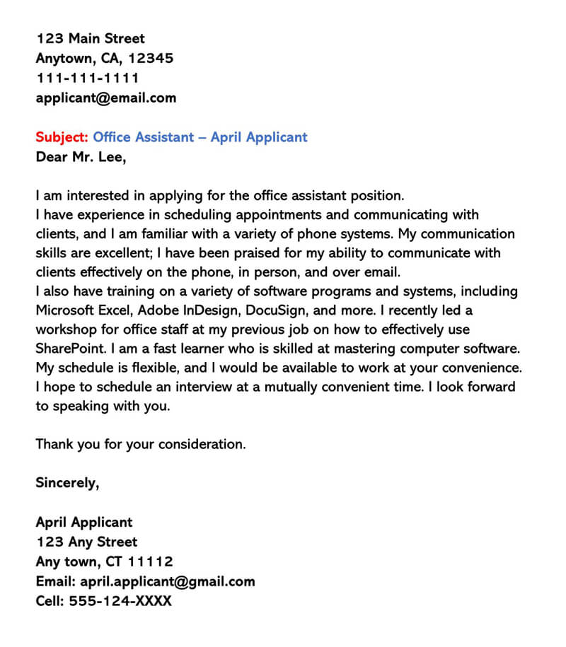 cover letter for part time work