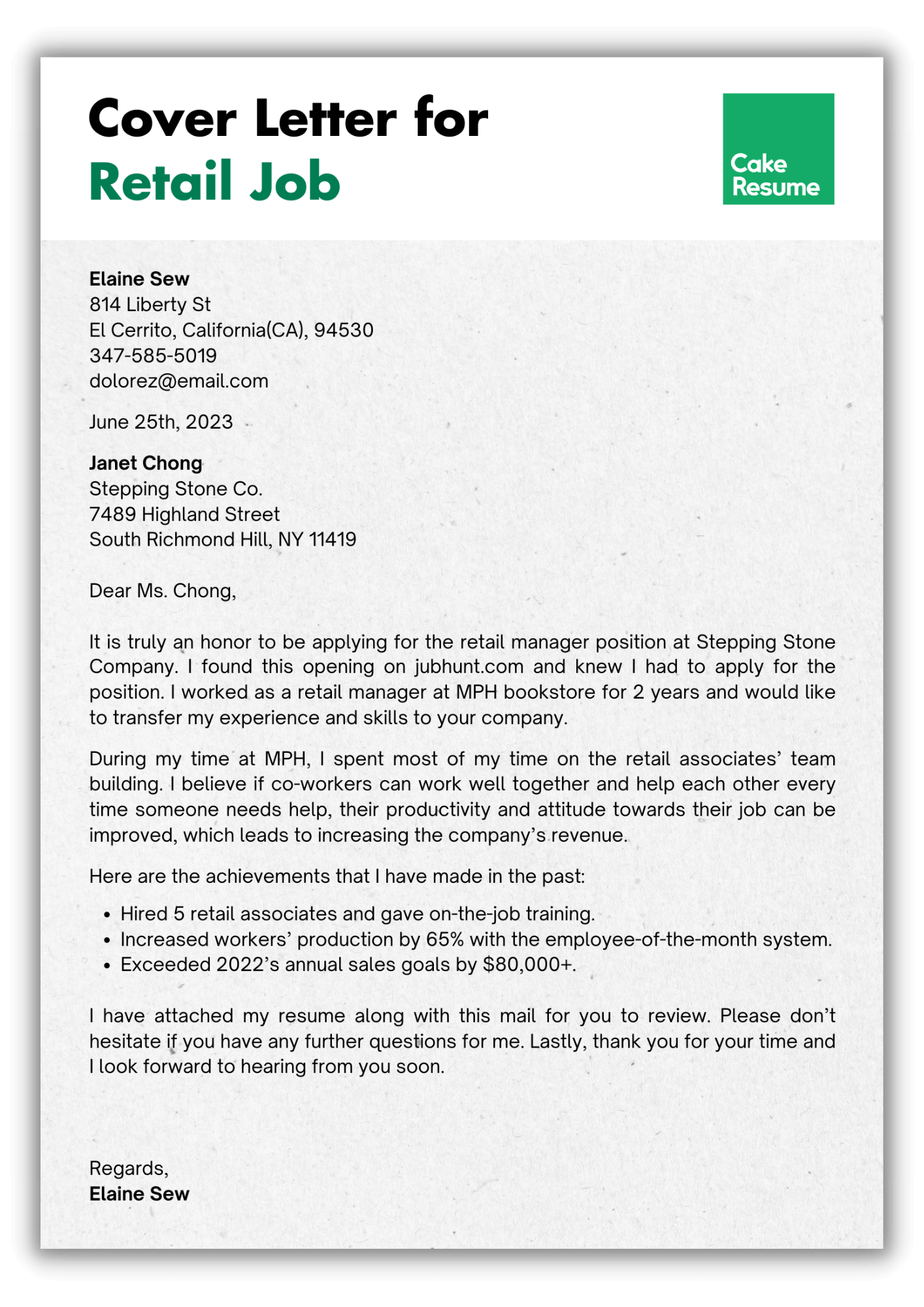cover letter for retail job