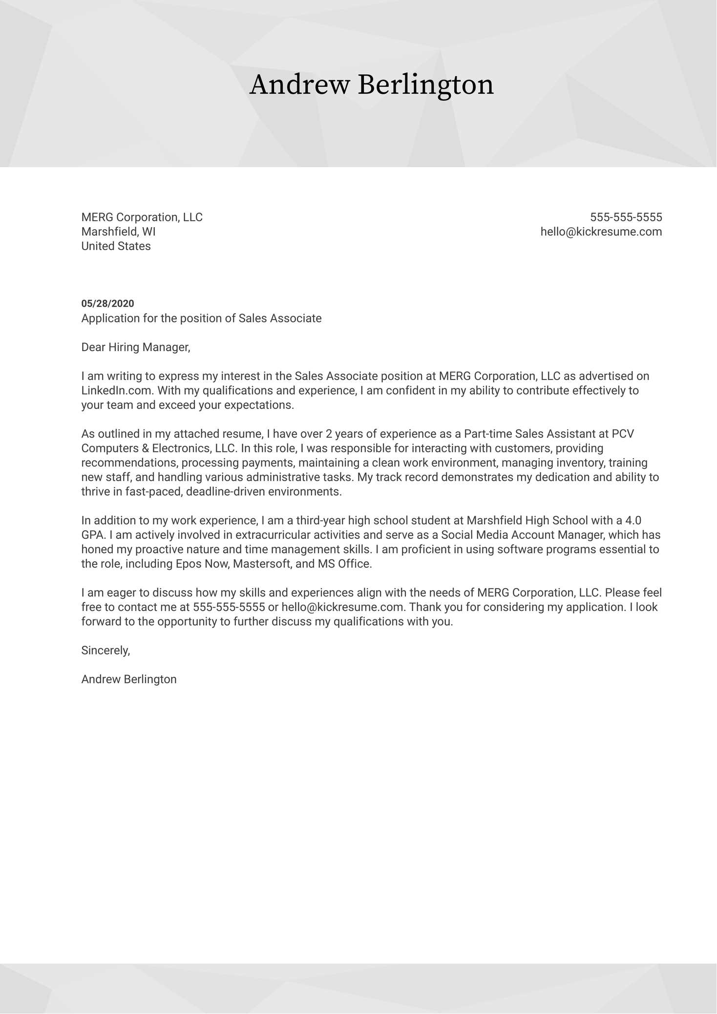 cover letter for teenager example