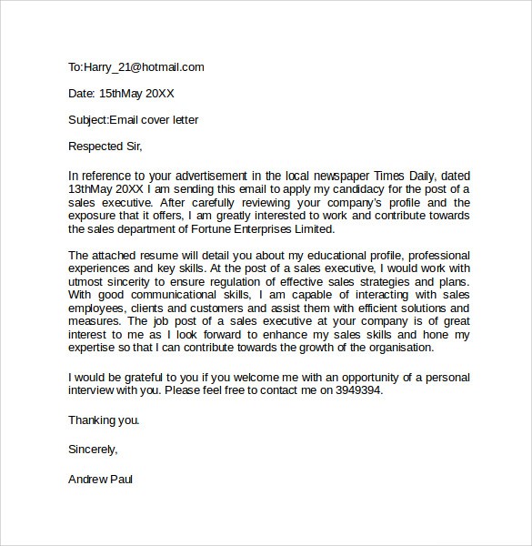 cover letter sample email format