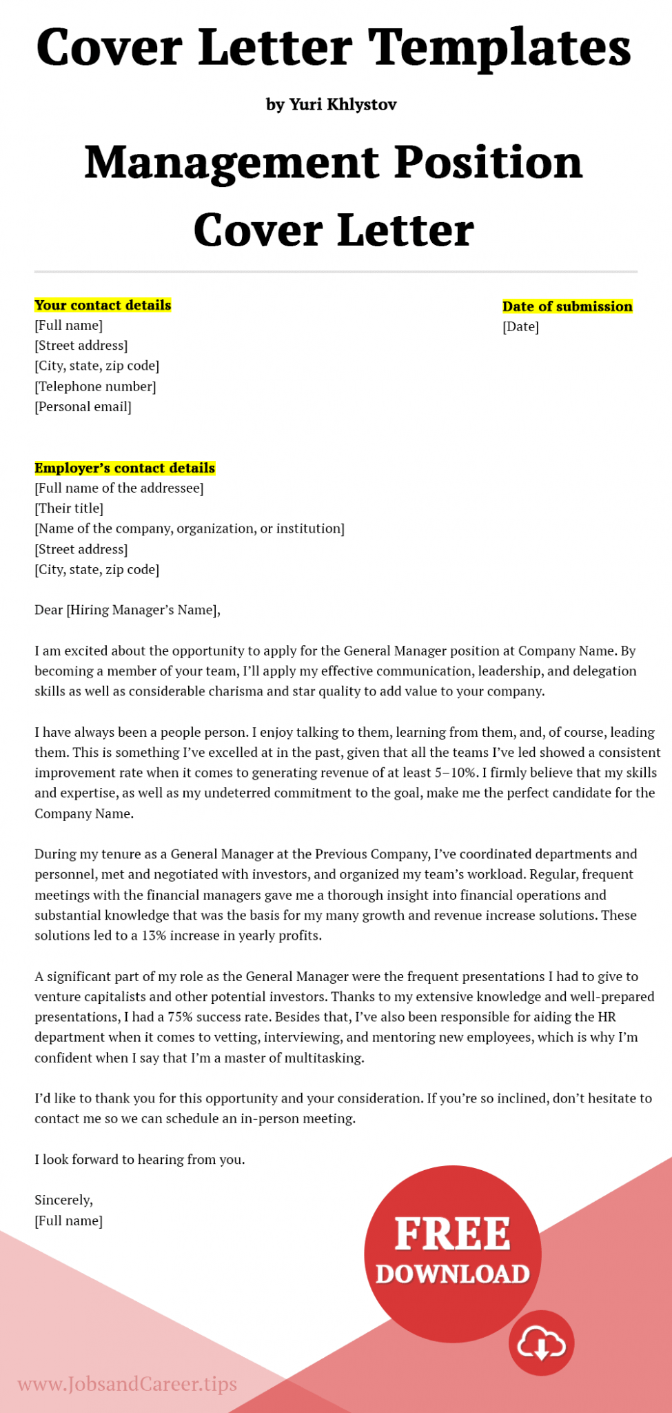 cover letter template for manager position