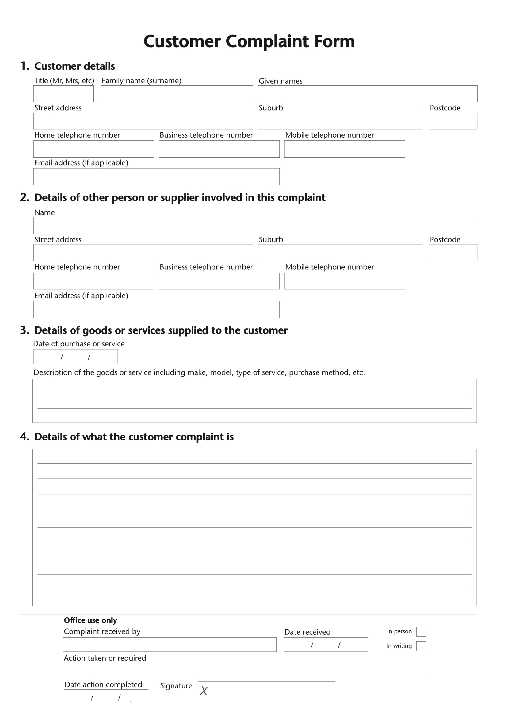customer complaint form template word
