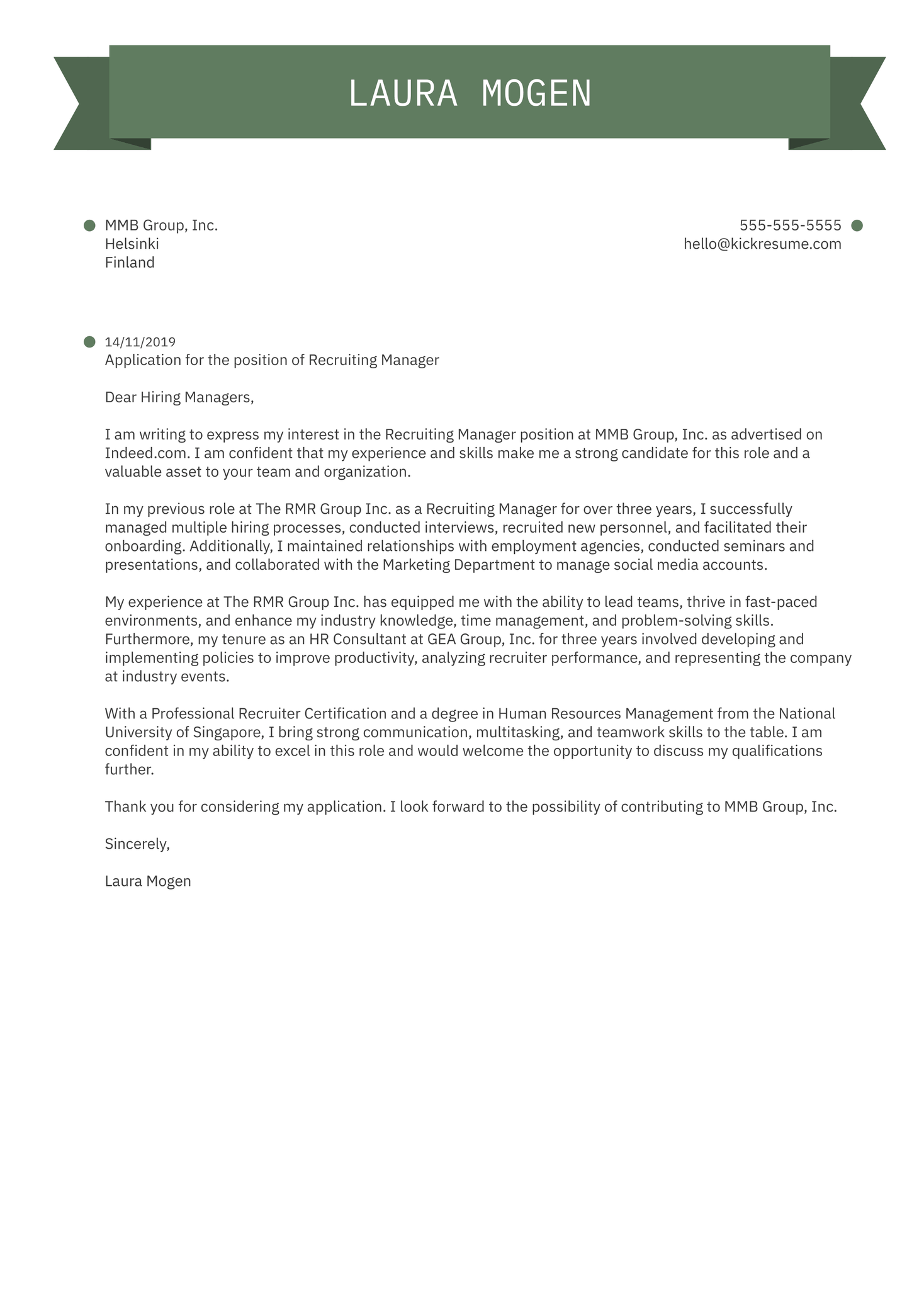 dear recruiting manager cover letter