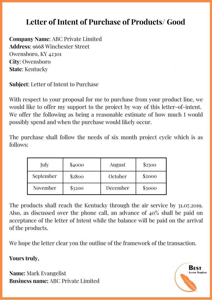 draft letter of intent to purchase