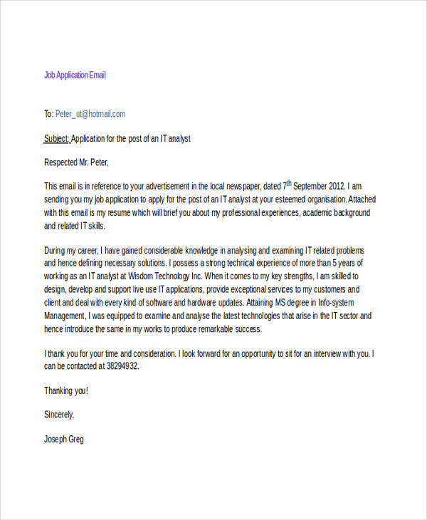 email applying for a job example