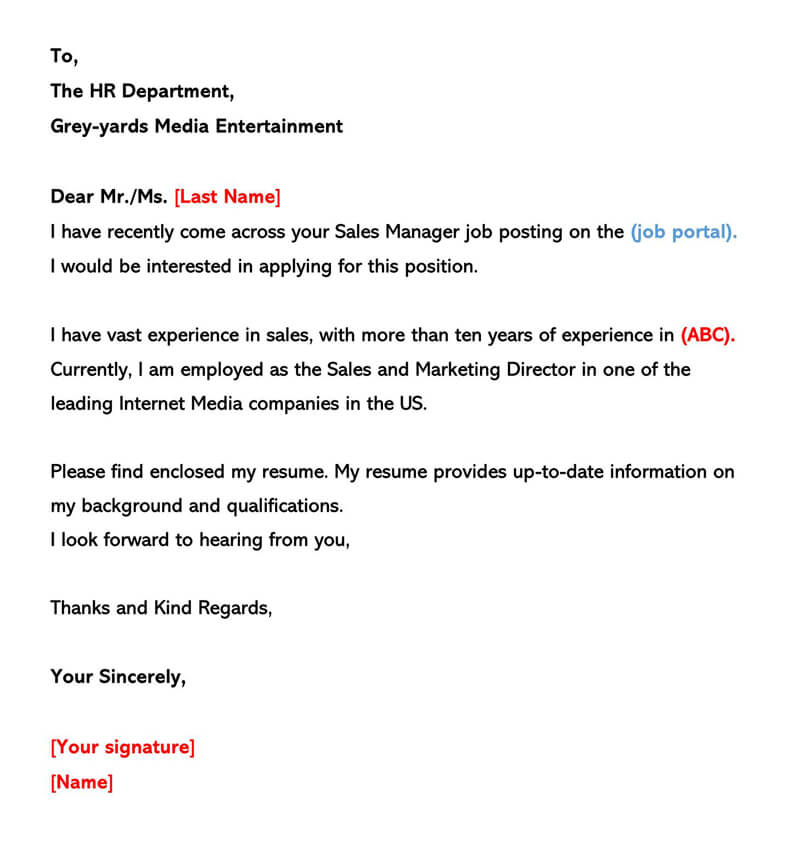 email cover letter for job application
