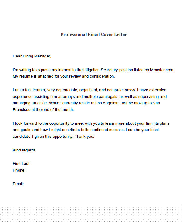email job cover letter sample