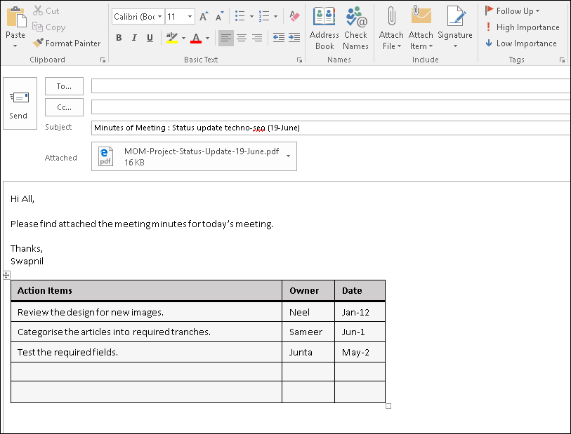 email minutes of meeting format