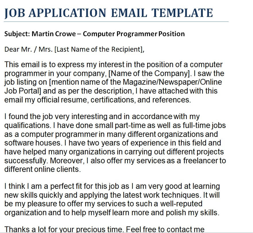 email template for a job