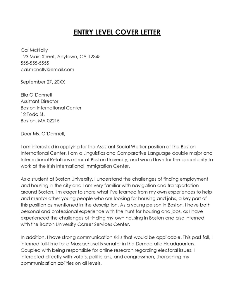 entry level cover letter sample