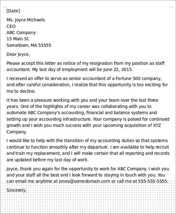 example of one day resignation letter