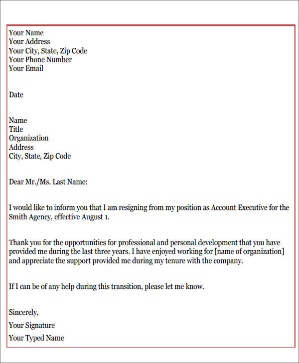 example of resignation letter with reason