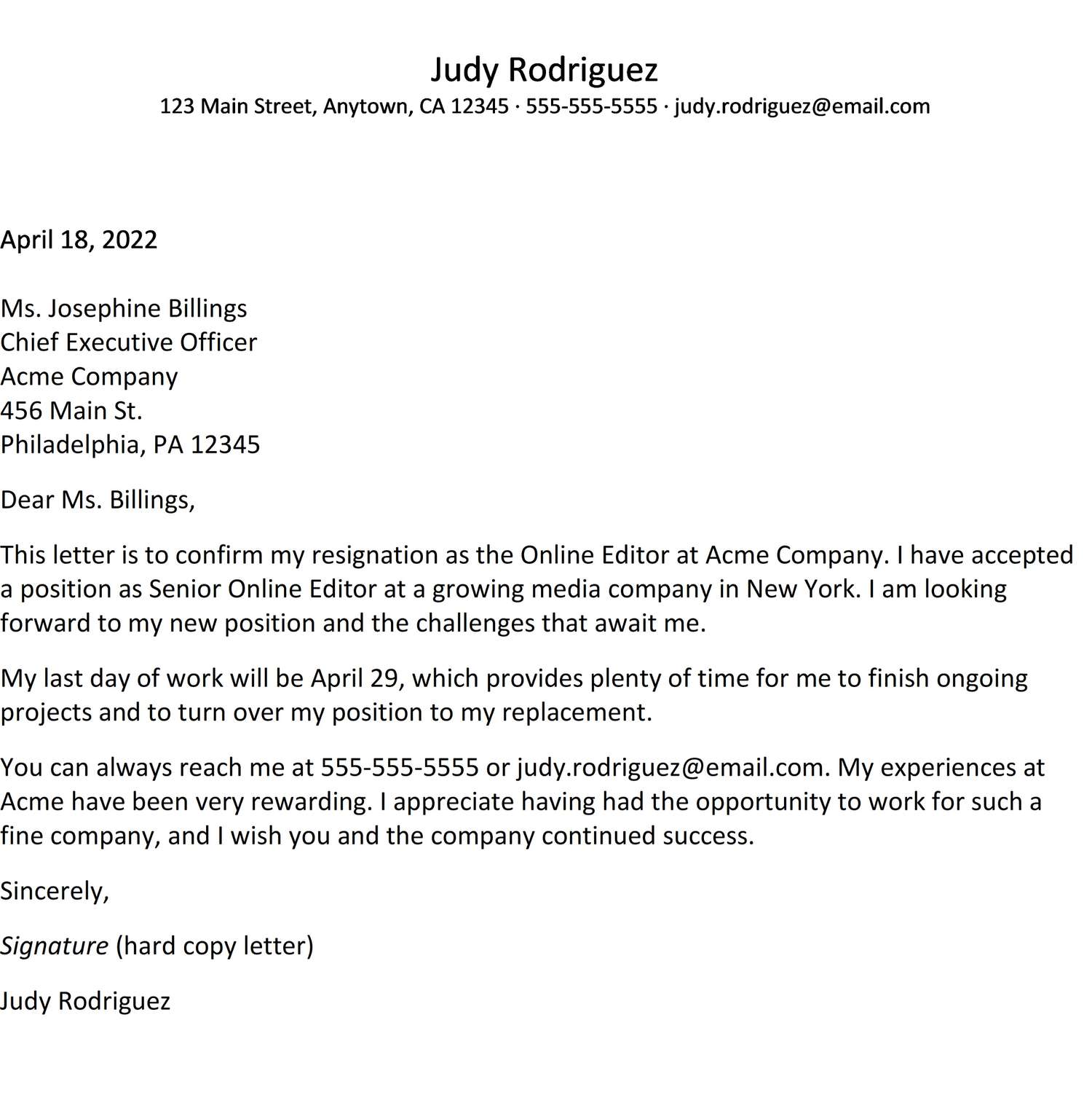 example resignation letter thank you