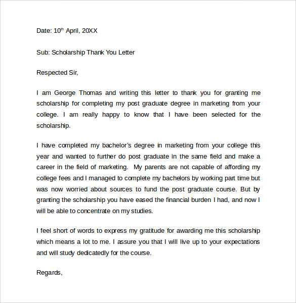 example thank you letters for scholarships