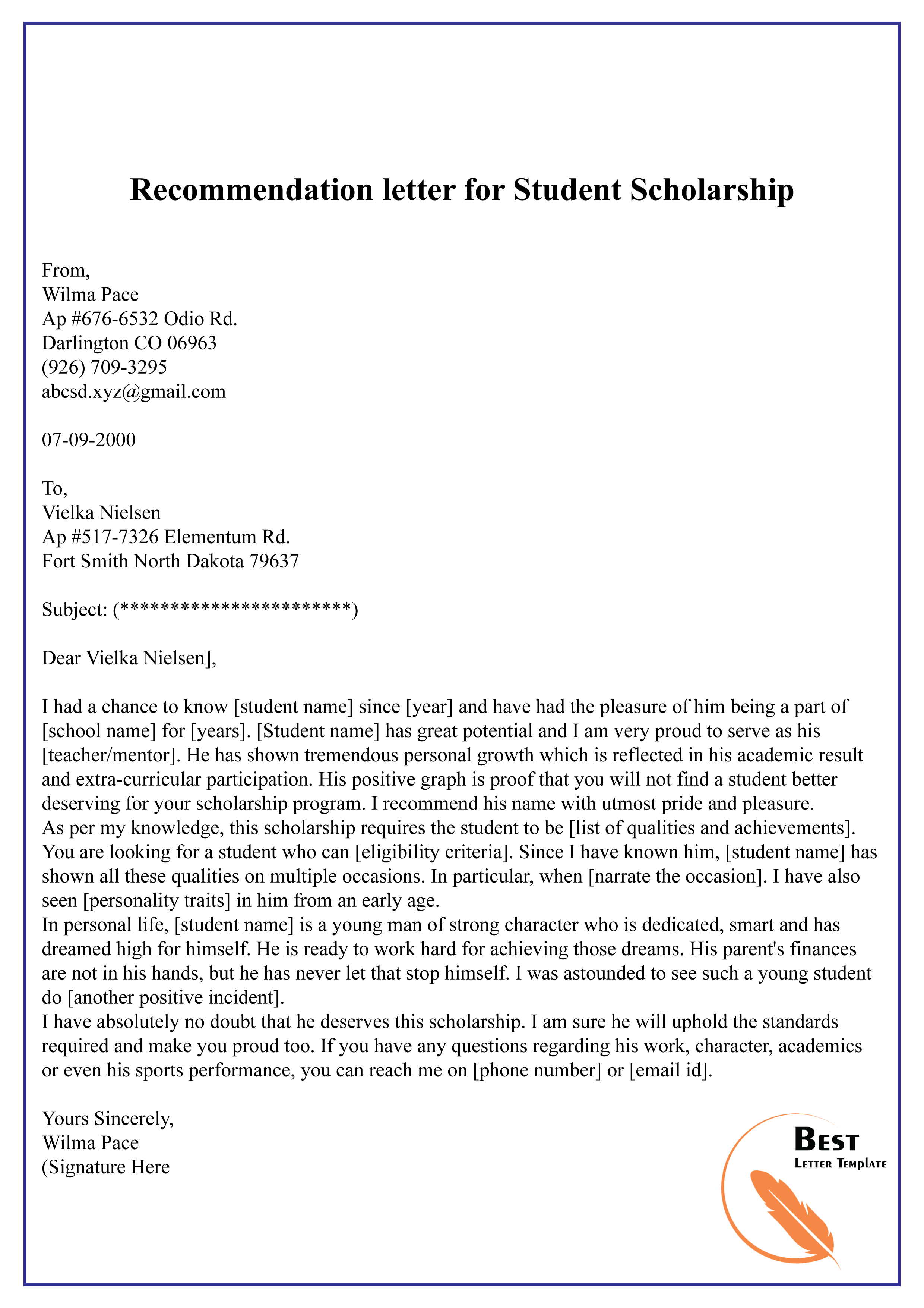 examples of student recommendation letters for scholarships