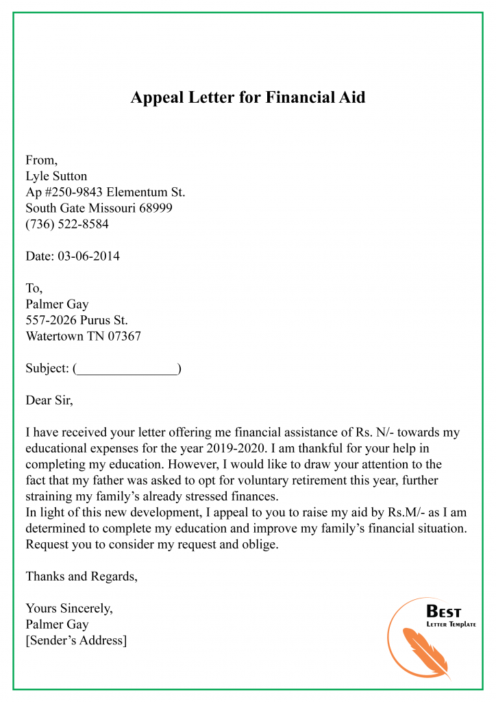 financial aid appeal letter sample