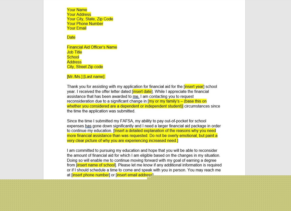 financial aid appeal letter single mother