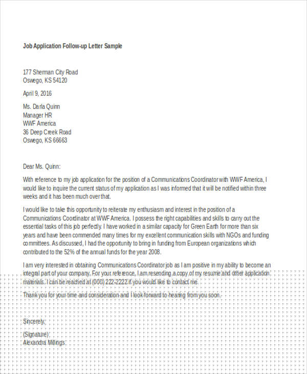 follow up email after job application template