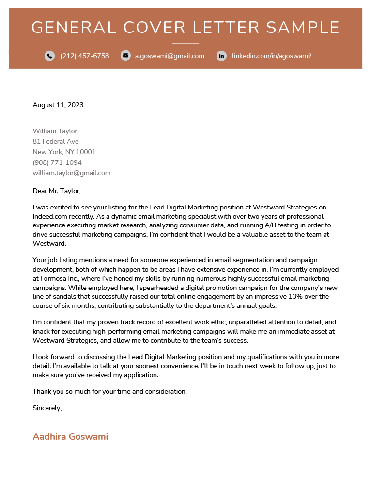 general application cover letter sample