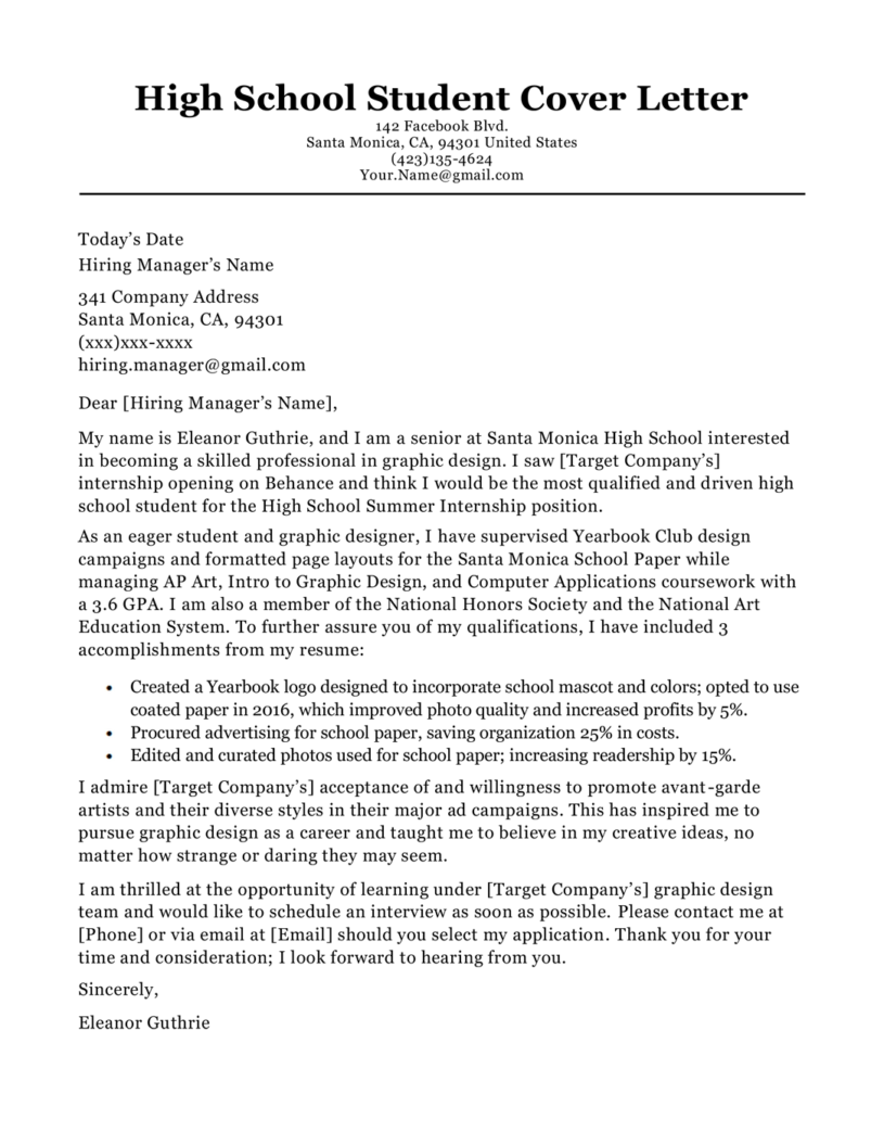high school cover letter examples