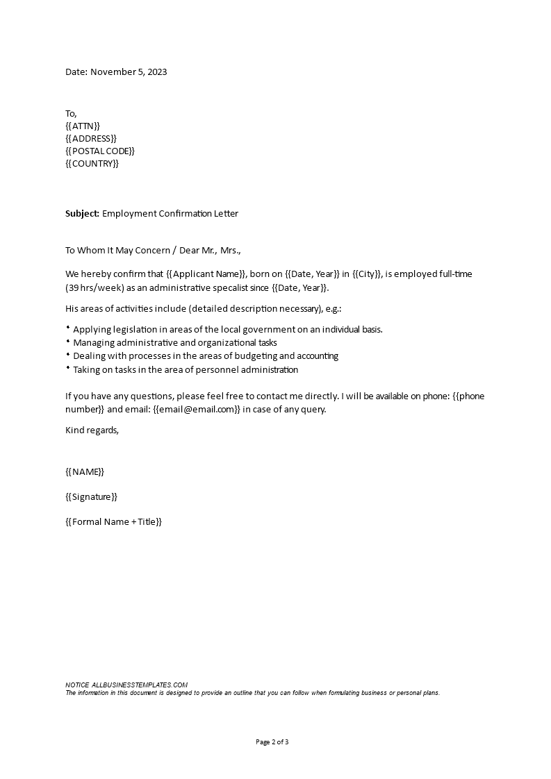how to write a letter confirming employment