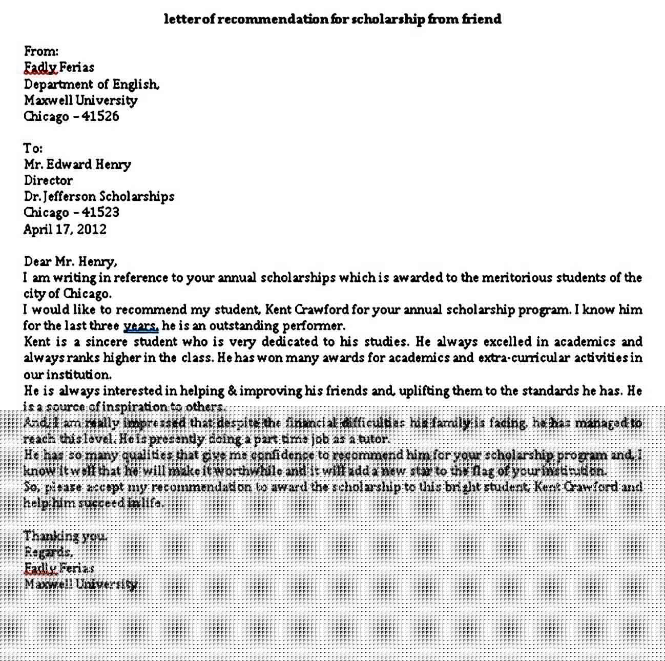 how to write reference letter for scholarship